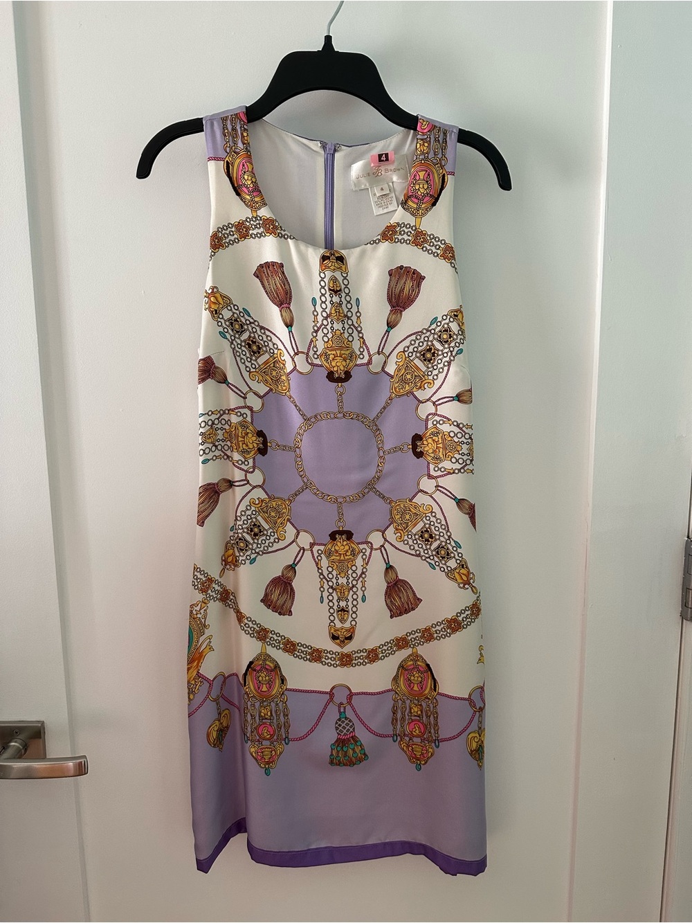Julie Brown Silk Lavender and White Printed Dress, Size 4
